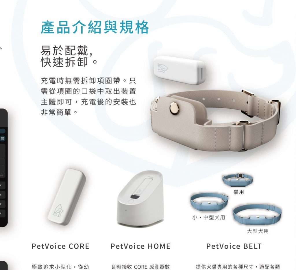 PetVoice 產品線:CORE 感測主體、HOME 充電座、BELT 犬貓專用項圈帶